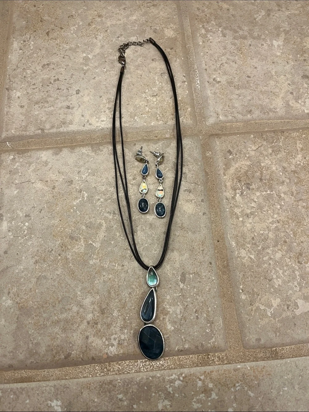 Silver Black and Blue Triple Drop Pendant Necklace and Earrings